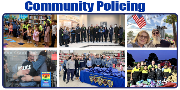 CP top of page images of police and children at library, during National Night Out, Shop with A Cop,