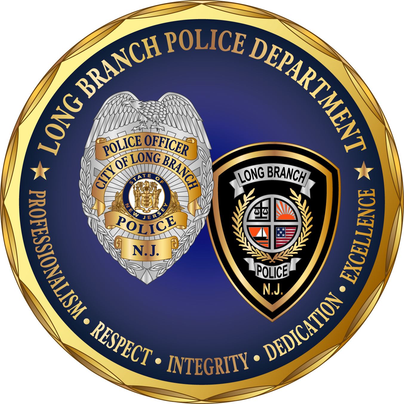 Long Branch Police Department gold circle with 2 badges
