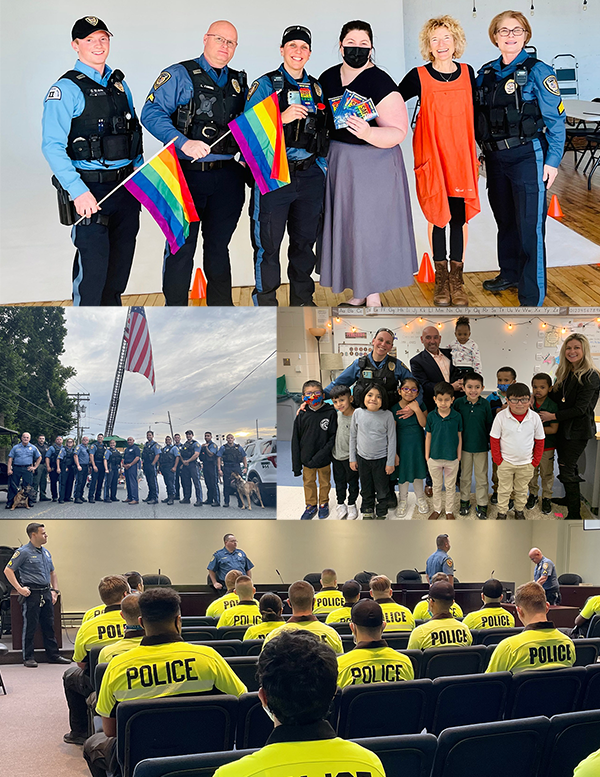 Police officers holding rainbow flags, sitting in conference room, which children, and raising Ameri
